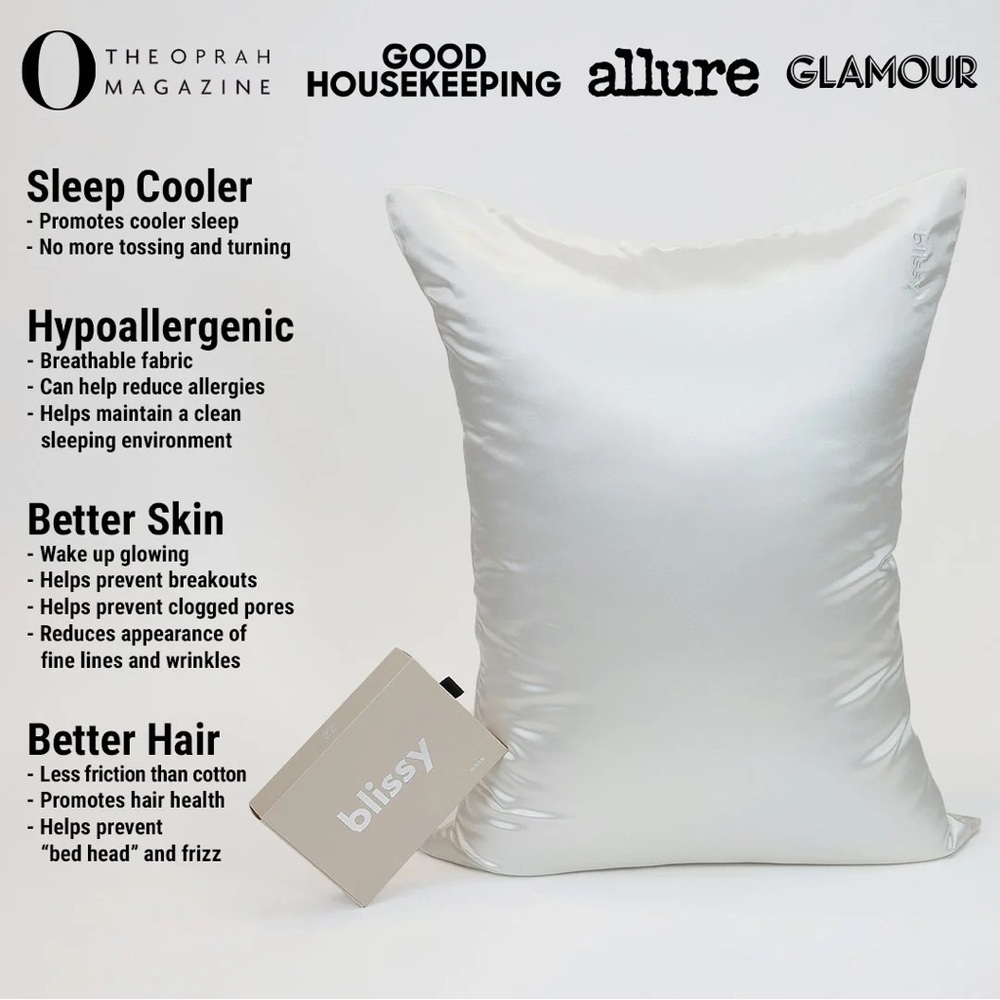 NEW NIB BLISSY 100% Mulberry Silk Pillowcase, Standard Ivory White 20x26